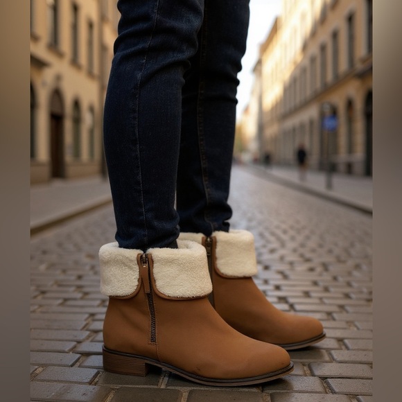 St Johns Bay Dunes faux fur Ankle Booties Block Heel SIZE 9M tan cream zip boot - Picture 1 of 16